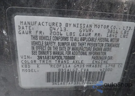 2013 Nissan Sentra Sl z USA, uszkodzony, nr VIN 3N1AB7AP3DL708600